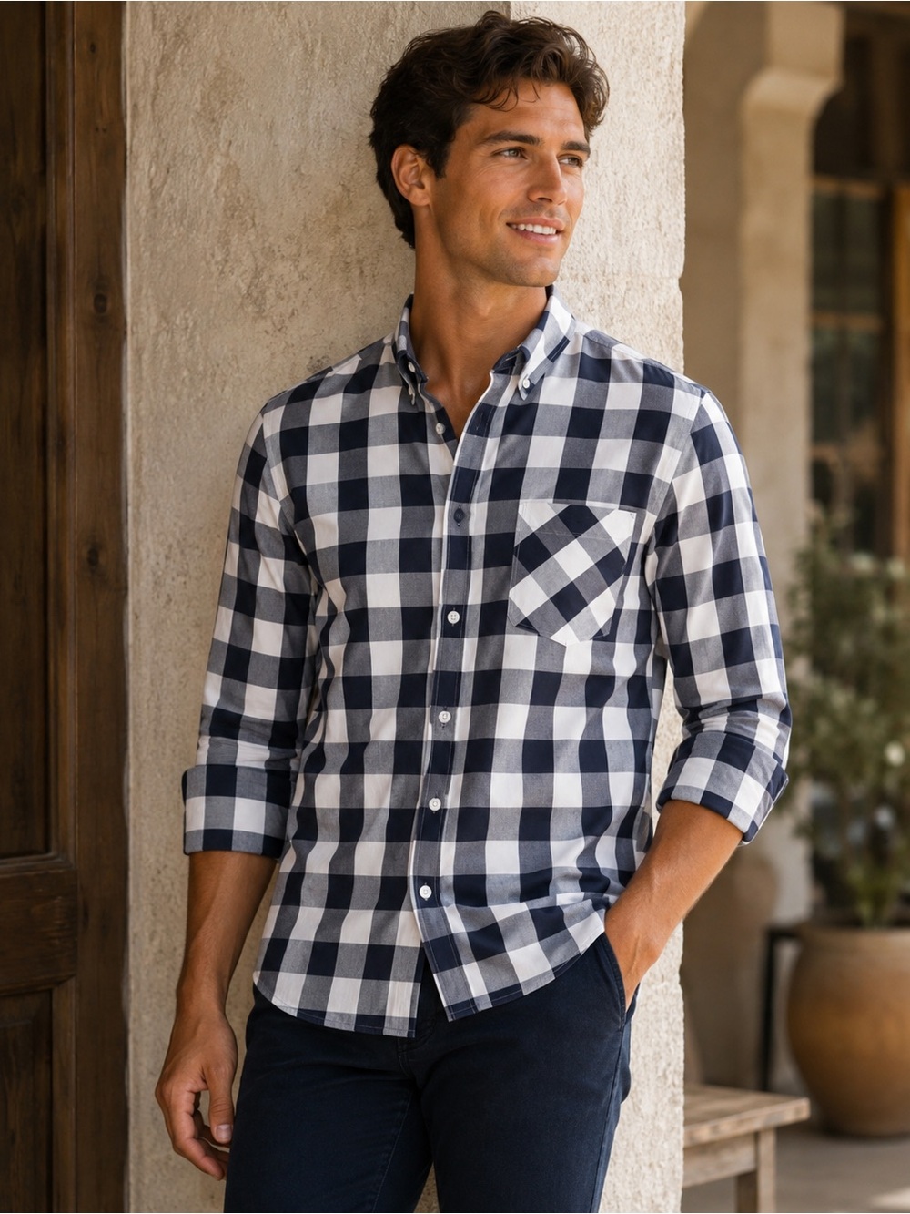 7 Diamonds Navy and White Cotton Button